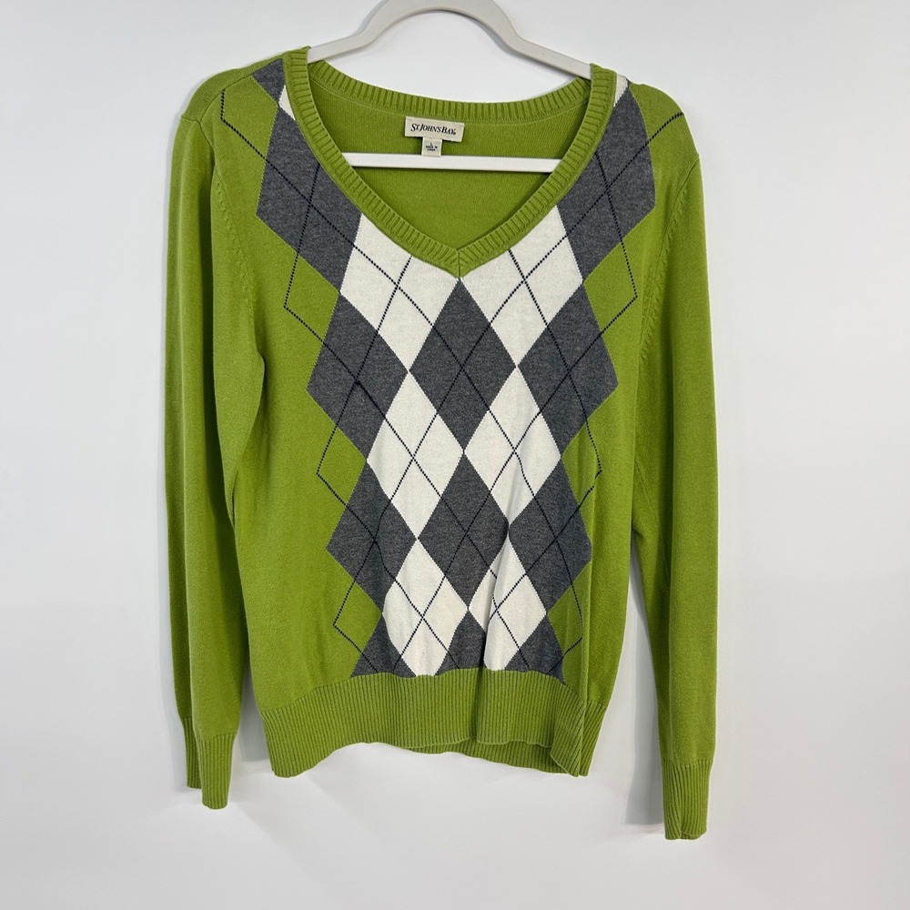 Preppy Argyle Cotton Sweater Large Green V Neck Golf Old Money Country‎ Club